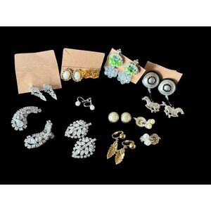 Vintage Clip On Earrings Lot Of 12 Rhinestone Pearl Dangle Statement Screw Back